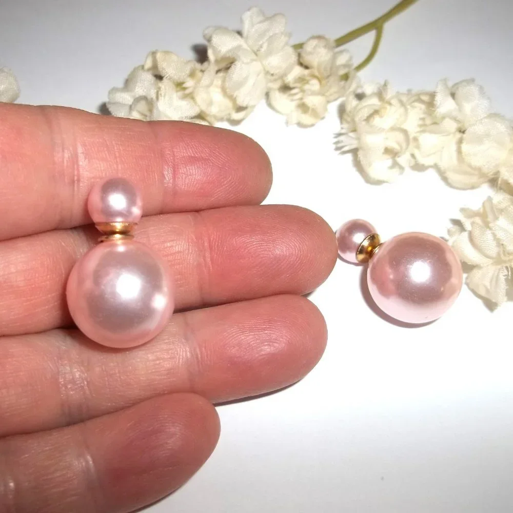 Double Sided Front and Back Earrings Pink Faux Pearl Gold Post Stud Pair C537 - Picture 6 of 6